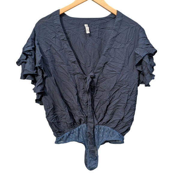 Free People M Navy flutter sleeve fairy Preppy boho body suit Costal whimsy - Picture 1 of 6